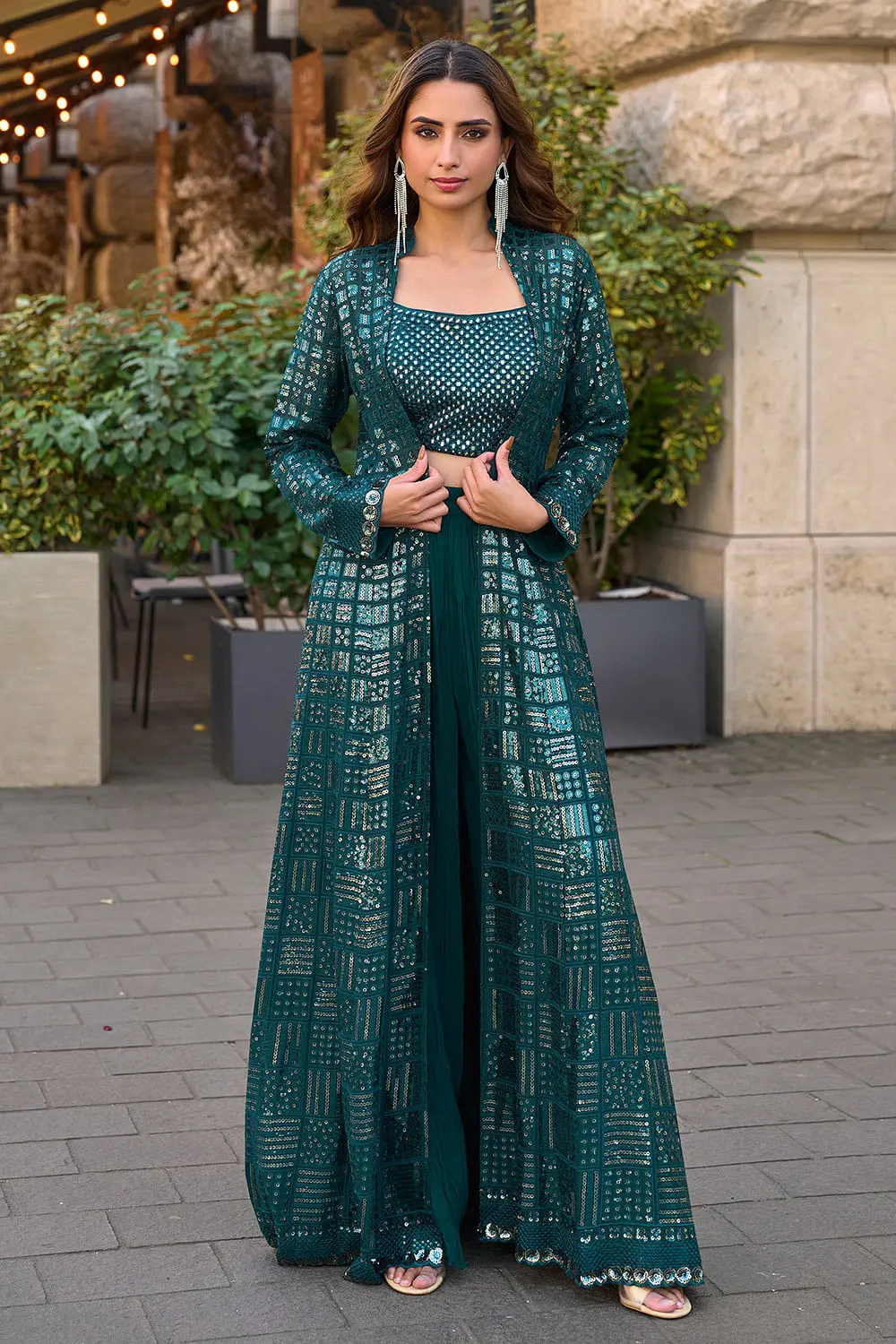 Teal Blue Real Premium Georgette Embroidered Indo Western Floor Length Jacket Palazzo Set Teal Blue Real Premium Georgette Embroidered Indo Western Floor Length Jacket Palazzo Set