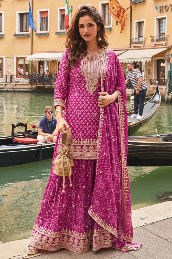 Magenta pink digital silk palazzo set with embroidered top and dupatta by Khaish