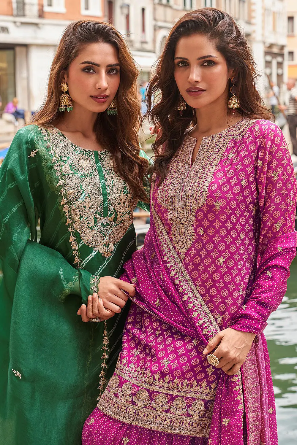 Magenta pink and bottle green real premium silk digital embroidered palazzo set colour options