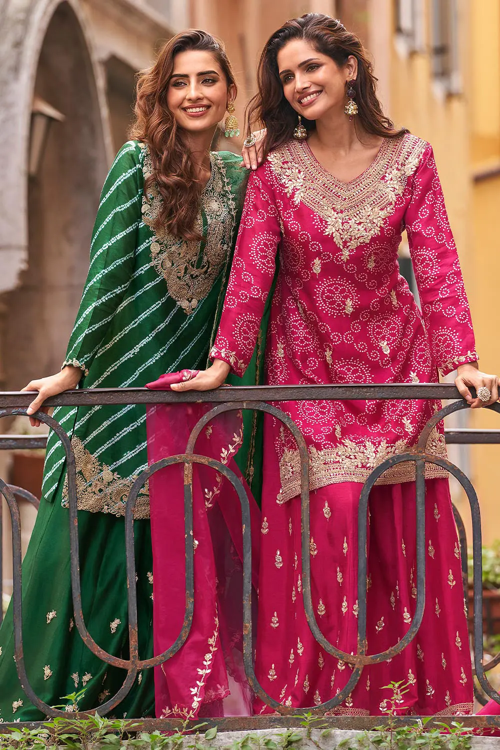 Bottle green and hot pink real premium silk digital embroidered palazzo set colour options