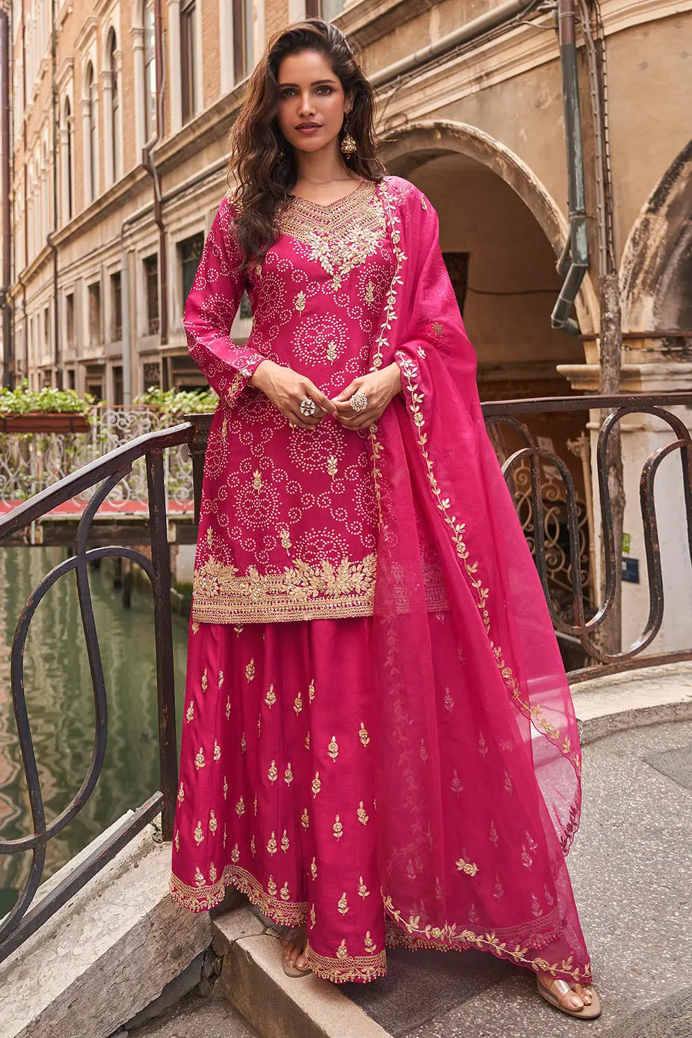 Hot Pink Real Premium Silk Digital Embroidered Kurta Palazzo Set with Embroidered Palazzo and Dupatta Hot Pink Real Premium Silk Digital Embroidered Kurta Palazzo Set with Embroidered Palazzo and Dupatta
