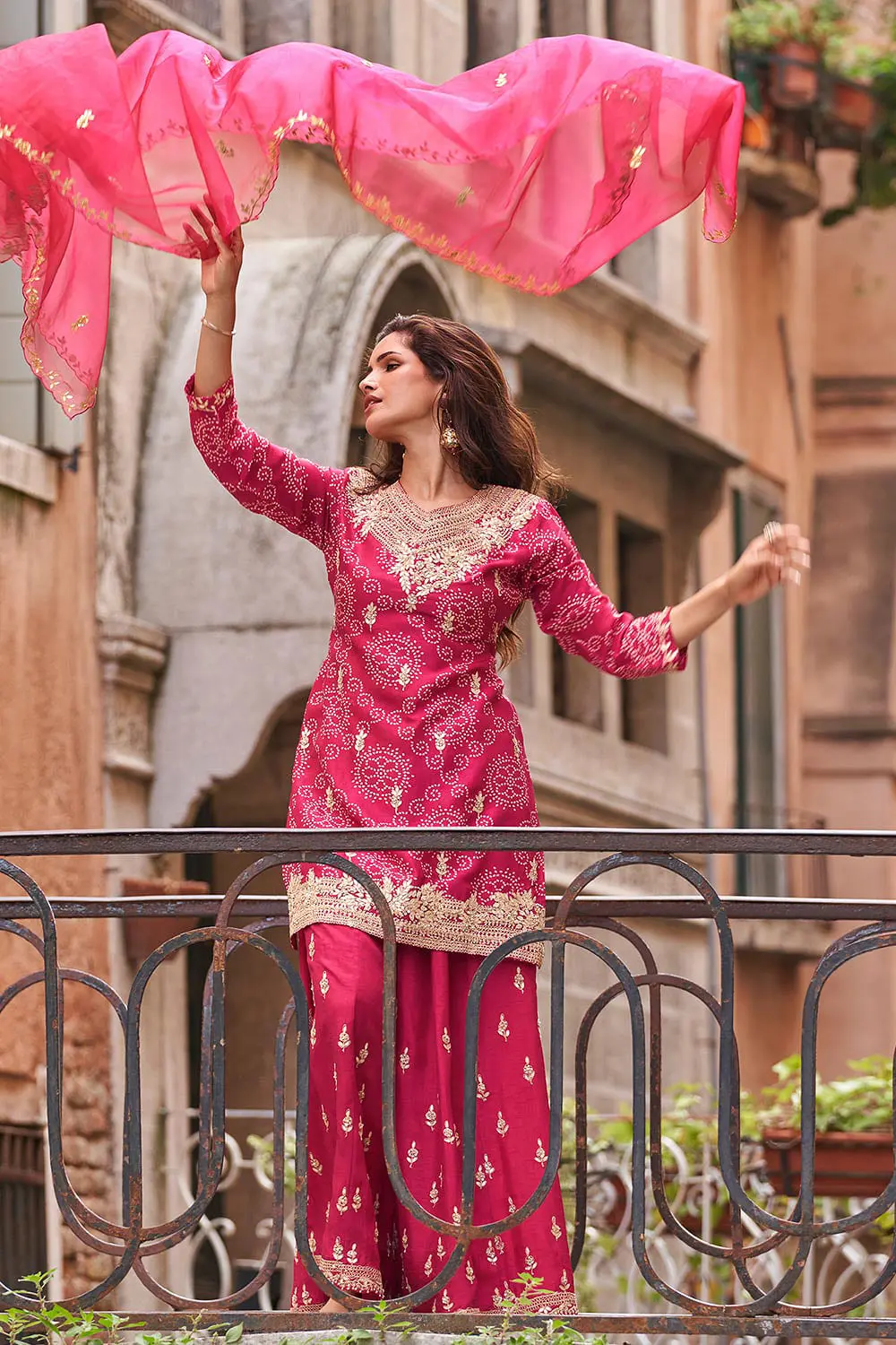 Hot pink real silk palazzo set, full length view showing palazzo width and embroidered dupatta draped