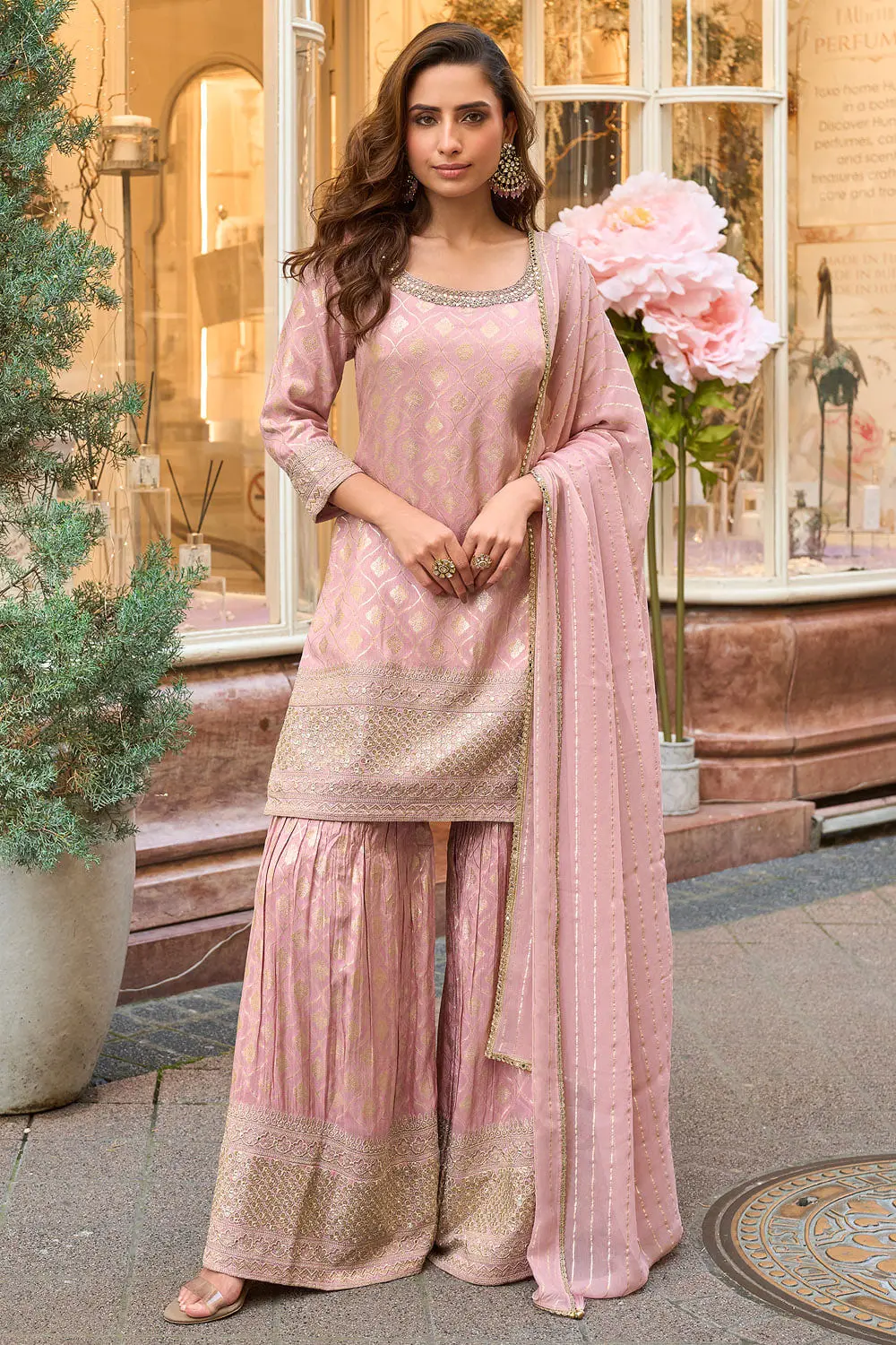 Second front view of dusty pink viscose shimmer jacquard sharara set full length