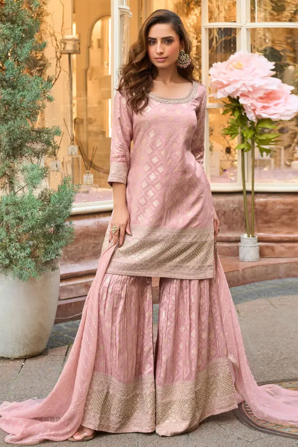 Dusty pink jacquard silk sharara set with embroidered top and dupatta by Khaish