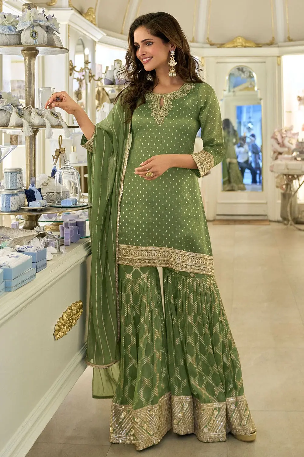 Second front view of green viscose shimmer jacquard sharara set full length