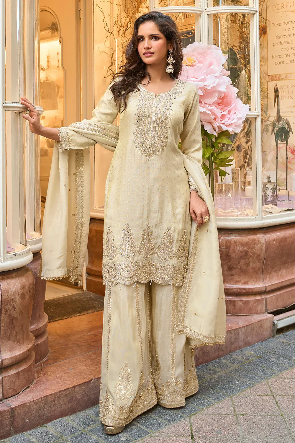 Second front view of off white viscose shimmer jacquard sharara set full length