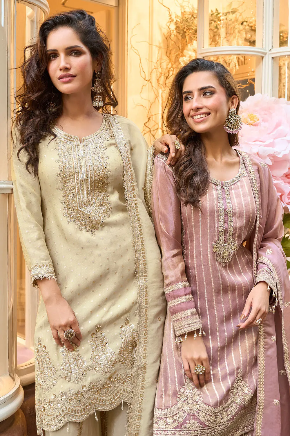 Dusty pink, green, off white and mauve viscose shimmer jacquard sharara set colour options