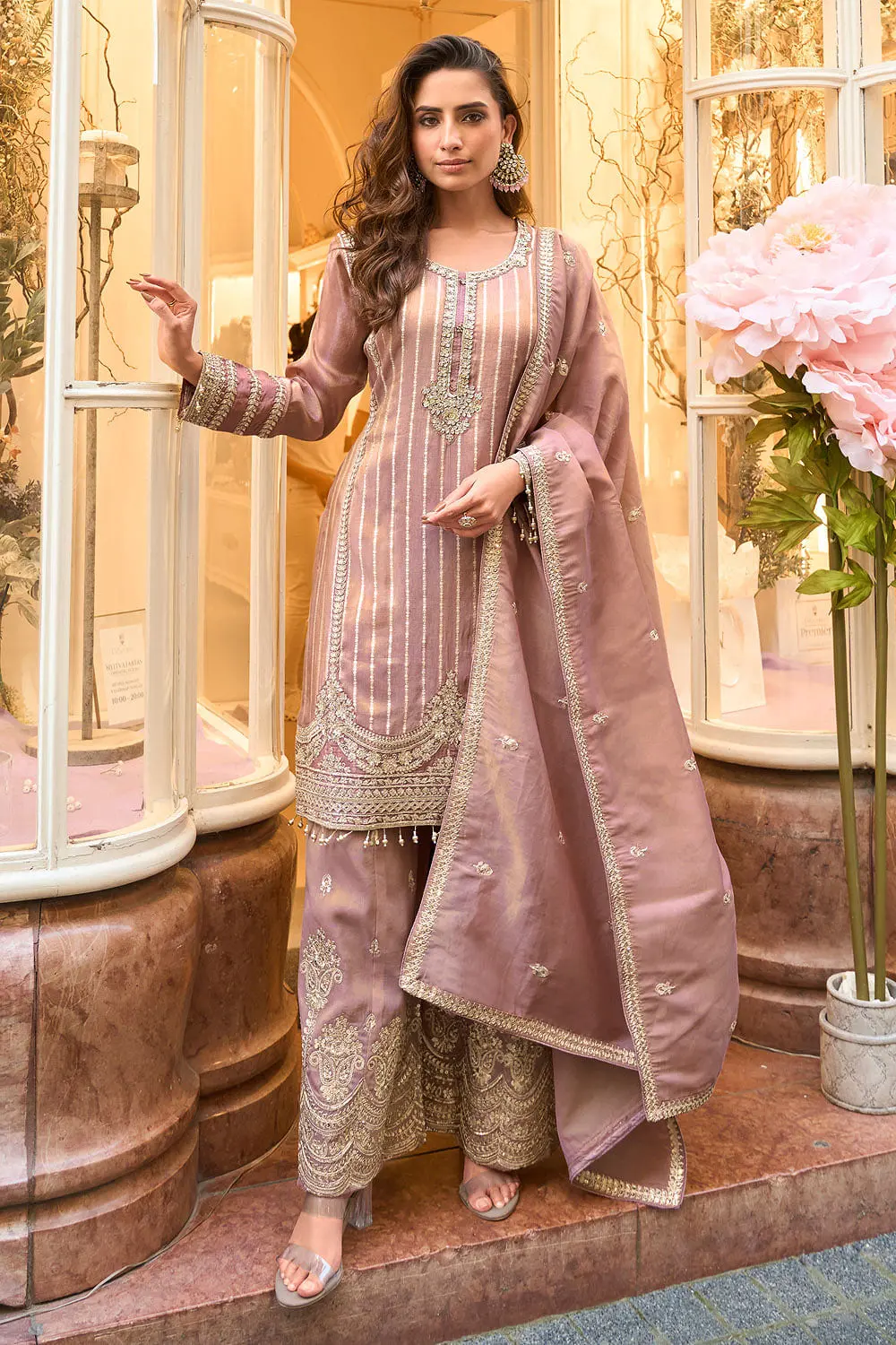 Mauve viscose shimmer jacquard palazzo set full length, wide-leg palazzo fall visible