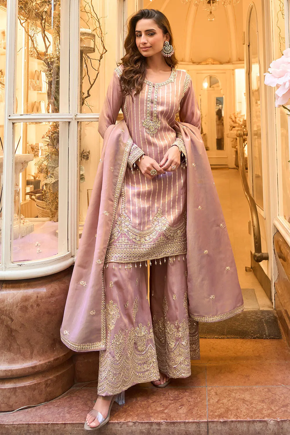 Mauve Viscose Shimmer Jacquard Kurta Palazzo Set with Heavy Embroidered Top and Embroidered Dupatta Mauve Viscose Shimmer Jacquard Kurta Palazzo Set with Heavy Embroidered Top and Embroidered Dupatta