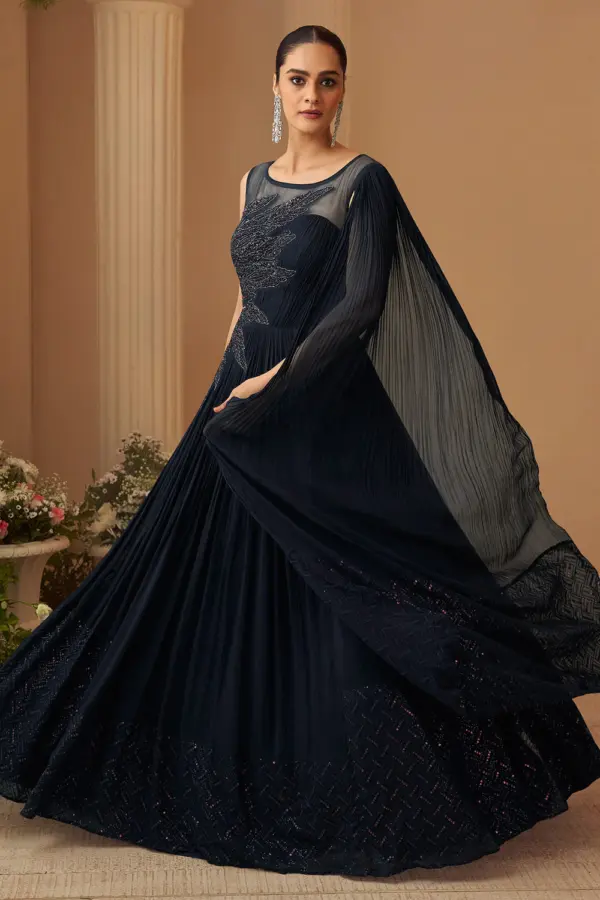 Purple cape style gown for party in real chinon silk with embroidery by Khaish