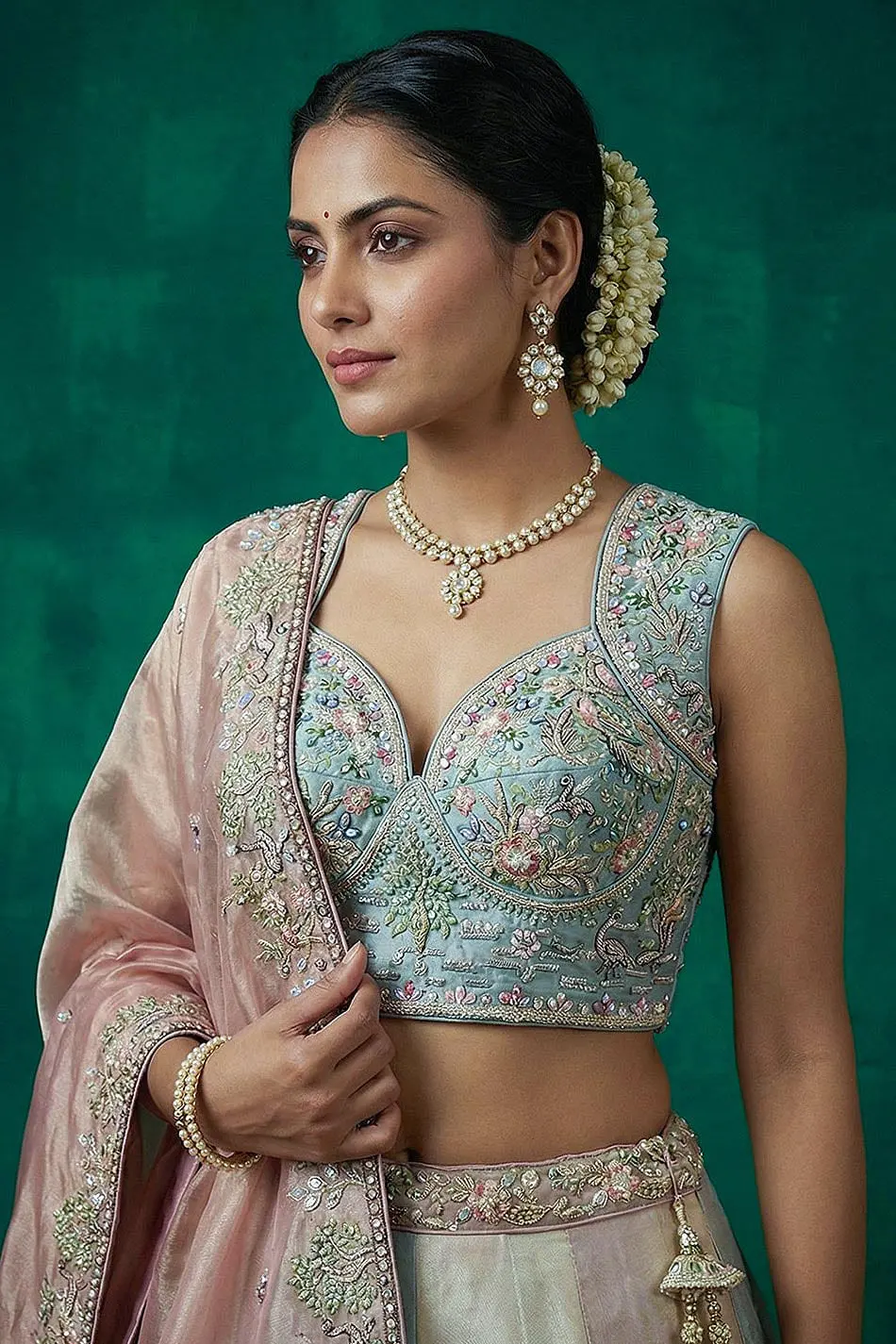 Peacock embroidery in beads and sequins across the pastel multicolour organza skirt