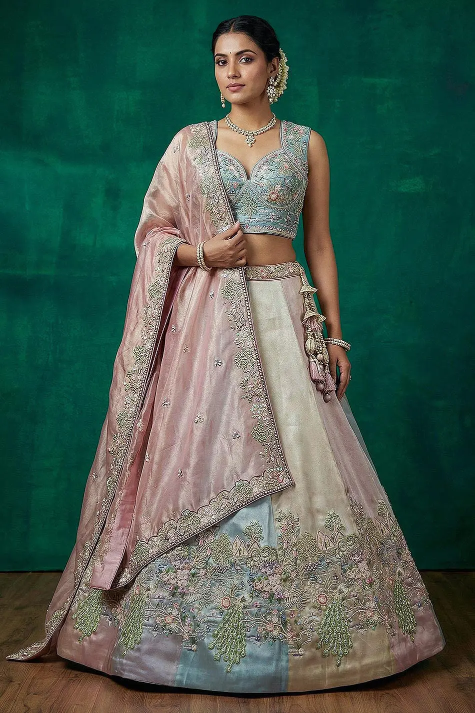 Pastel Multicolor Organza Lehenga with Blue Blouse and Pink Dupatta Pastel Multicolor Organza Lehenga with Blue Blouse and Pink Dupatta