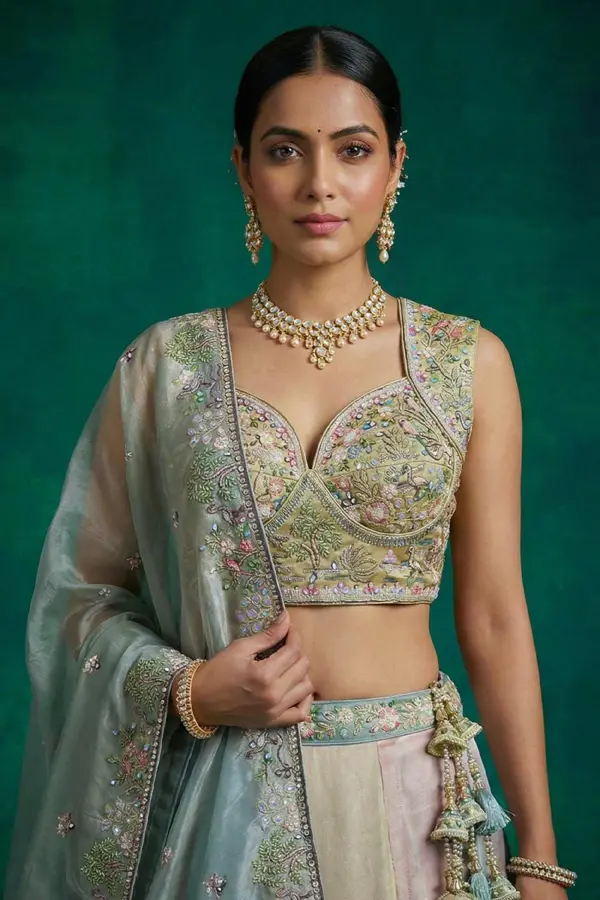 Close detail of beads and sequins forming the peacock motif on pastel organza