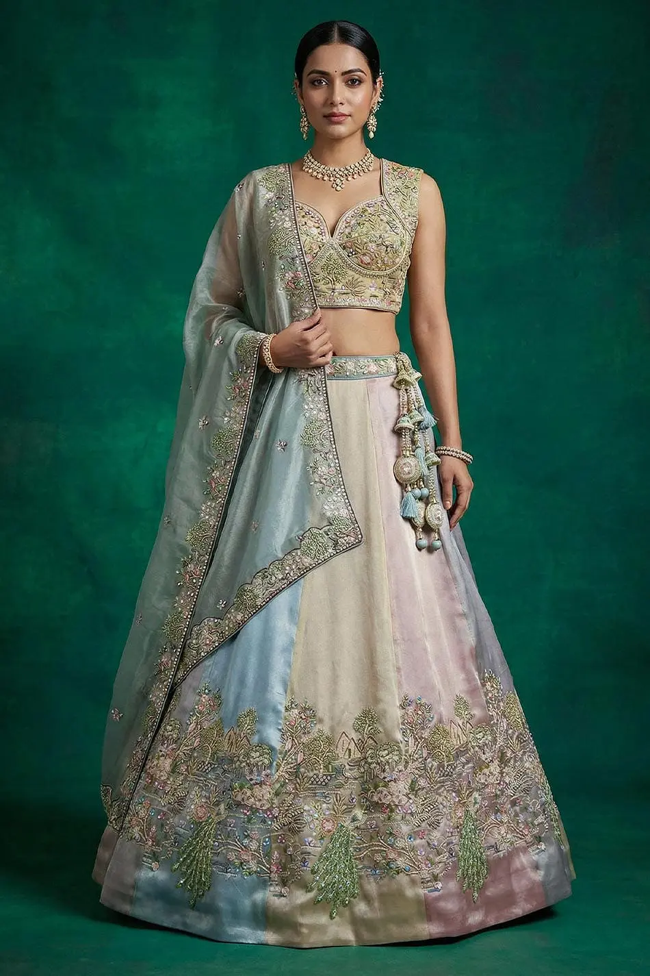 Pastel organza lehenga with green blouse and blue dupatta by Khaish