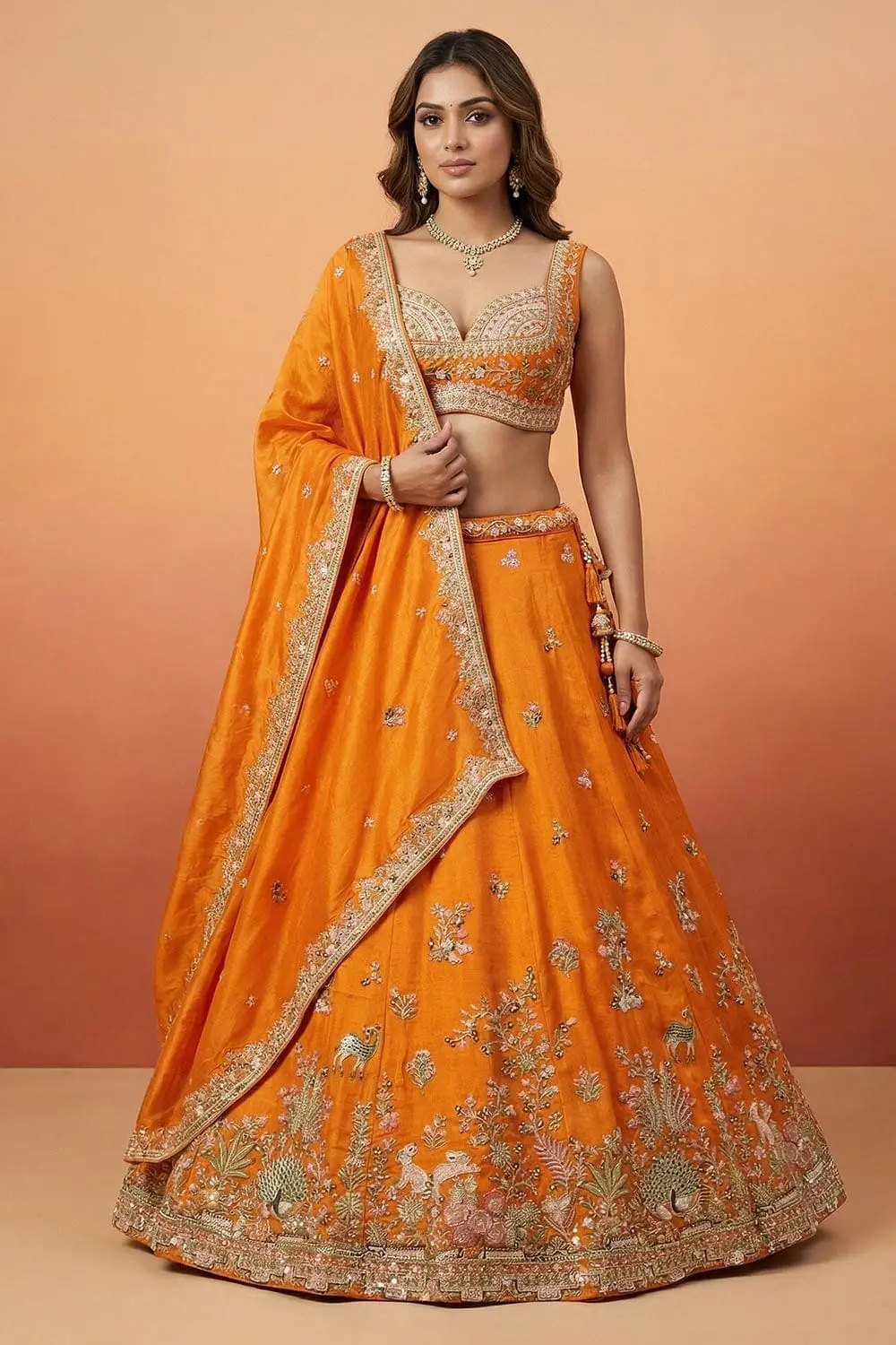 Orange Tissue Lehenga with Peacock Embroidery and Cutwork Border Orange Tissue Lehenga with Peacock Embroidery and Cutwork Border