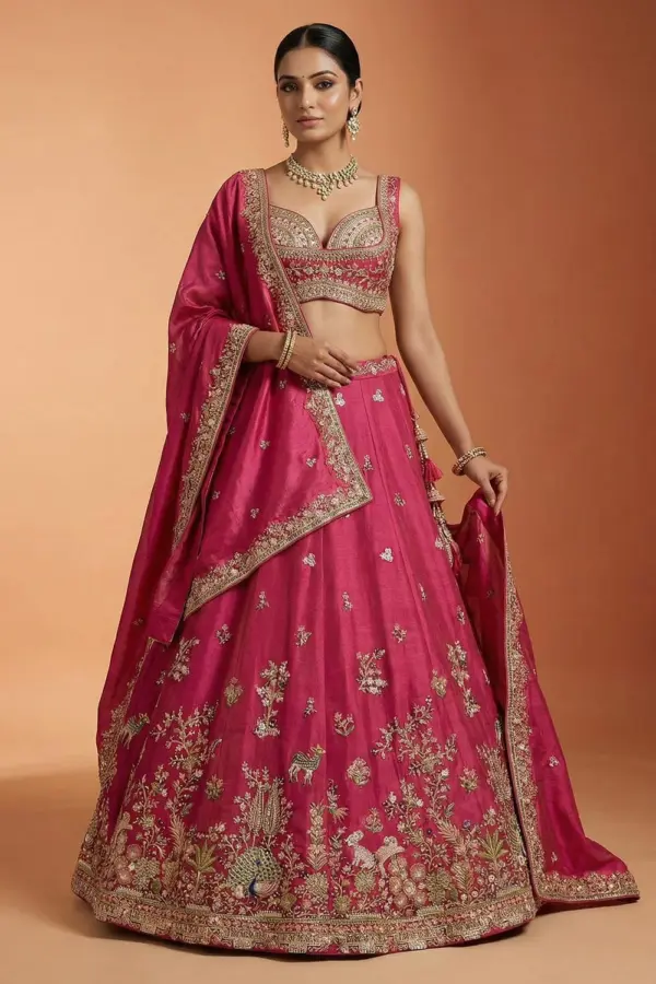 Pink semi stitched tissue lehenga with peacock embroidery and cutwork by Khaish
