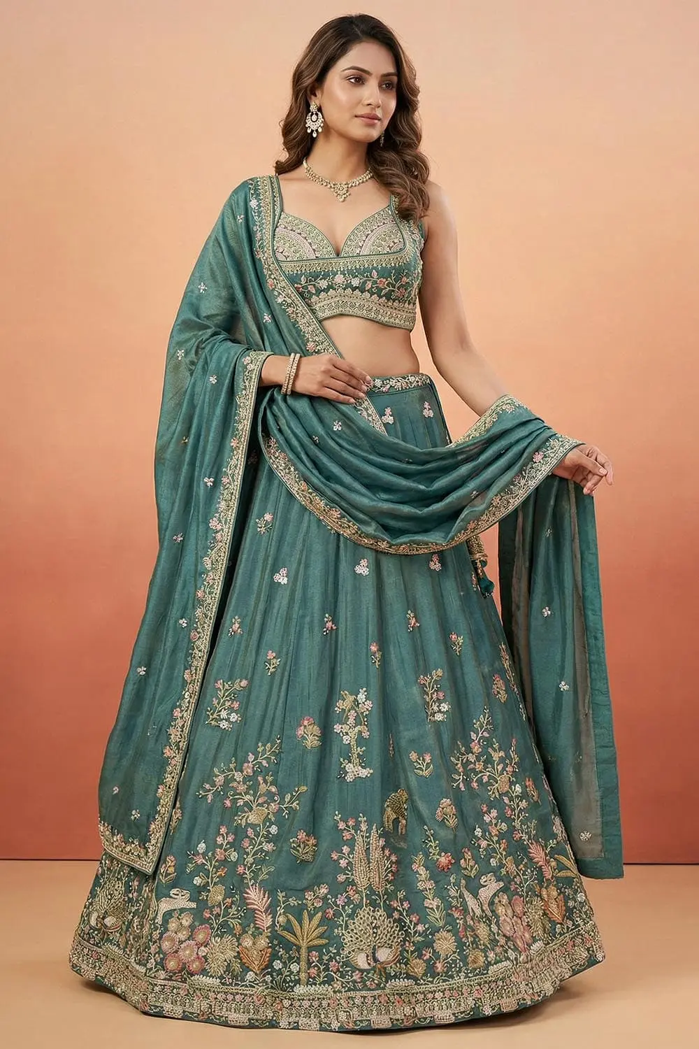 Teal Peacock Embroidery Lehenga Choli in Rose Gold Tissue Teal Peacock Embroidery Lehenga Choli in Rose Gold Tissue