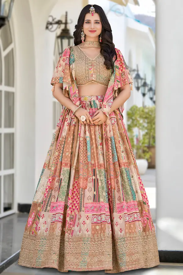 Beige chinon silk lehenga for engagement with digital print and zari embroidery by Khaish