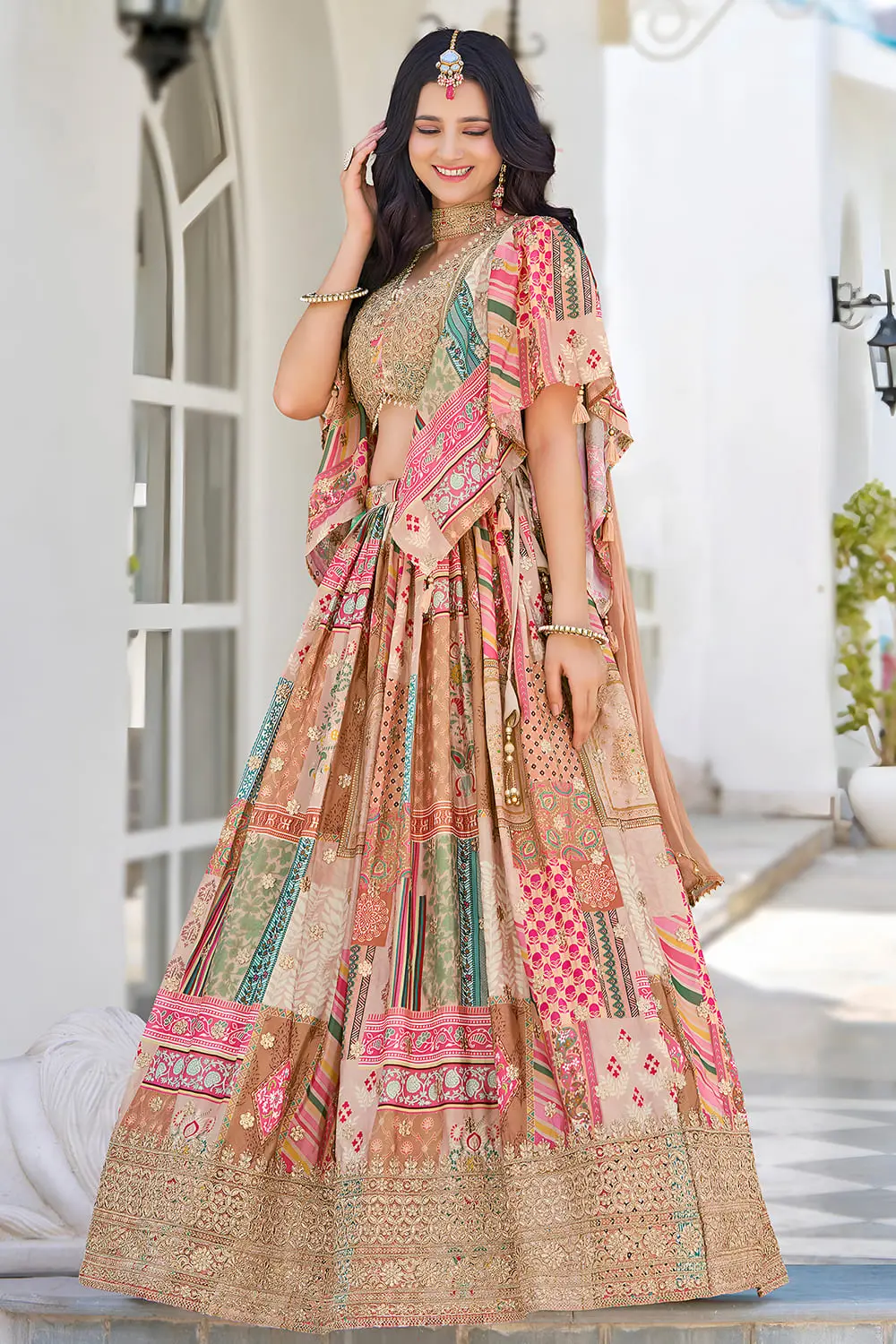 Flared beige chinon silk lehenga with chiffon dupatta full view