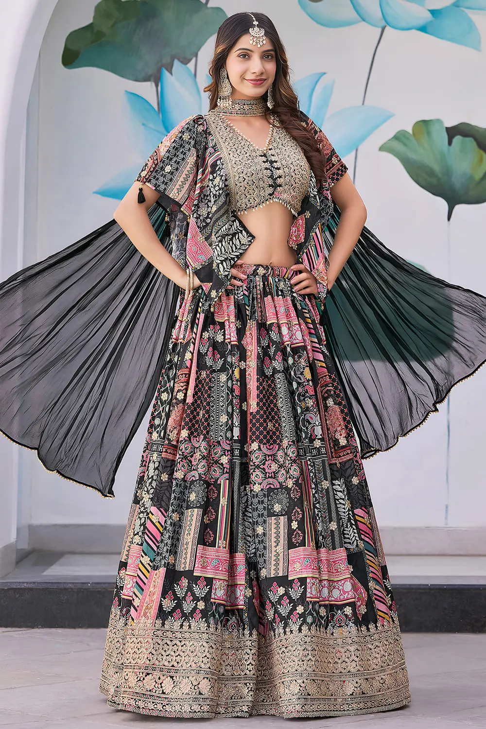 Flared Black Chinon Silk Lehenga with Digital Print, Zari Dori Embroidery and Chiffon Dupatta Flared Black Chinon Silk Lehenga with Digital Print, Zari Dori Embroidery and Chiffon Dupatta