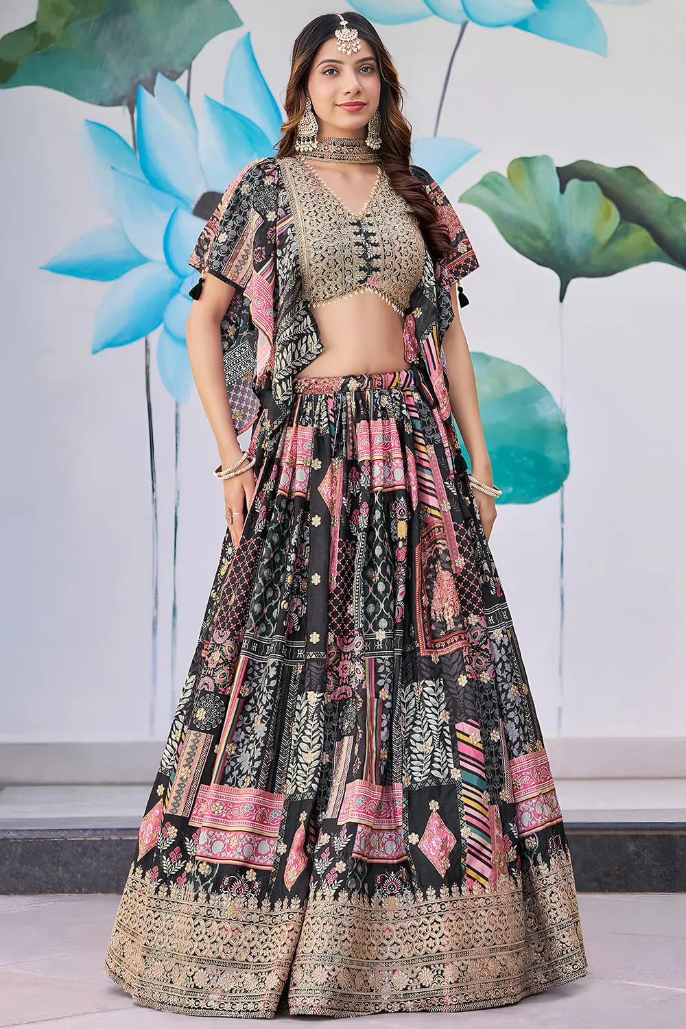 Flared black chinon silk lehenga with chiffon dupatta full view