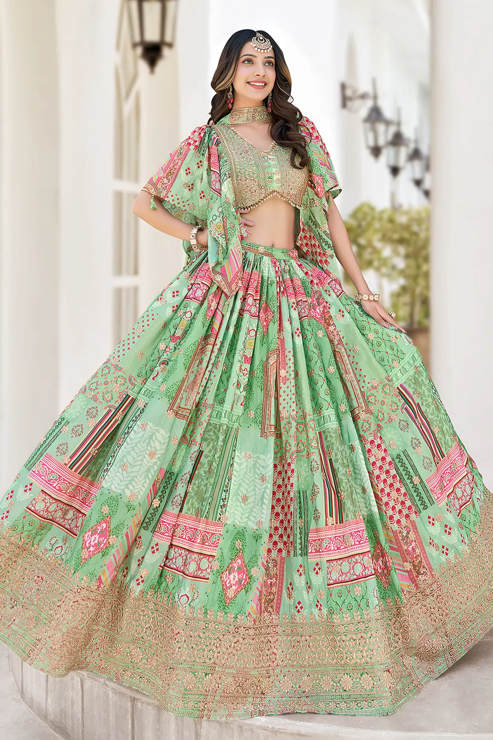 Flared green chinon silk lehenga with chiffon dupatta full view