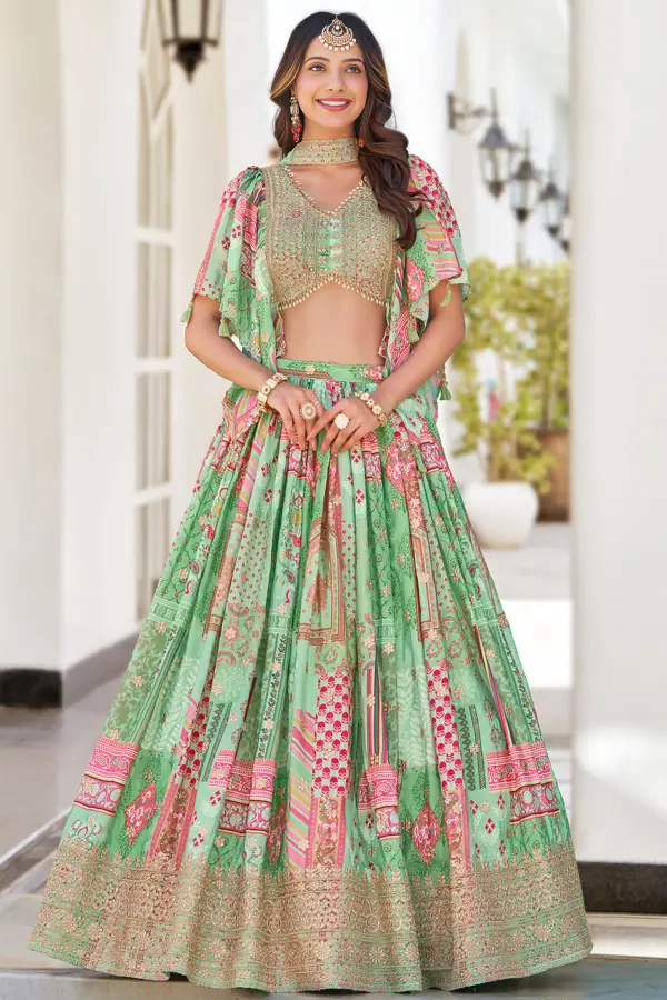 Green chinon silk lehenga for cocktail with digital print and zari embroidery by Khaish