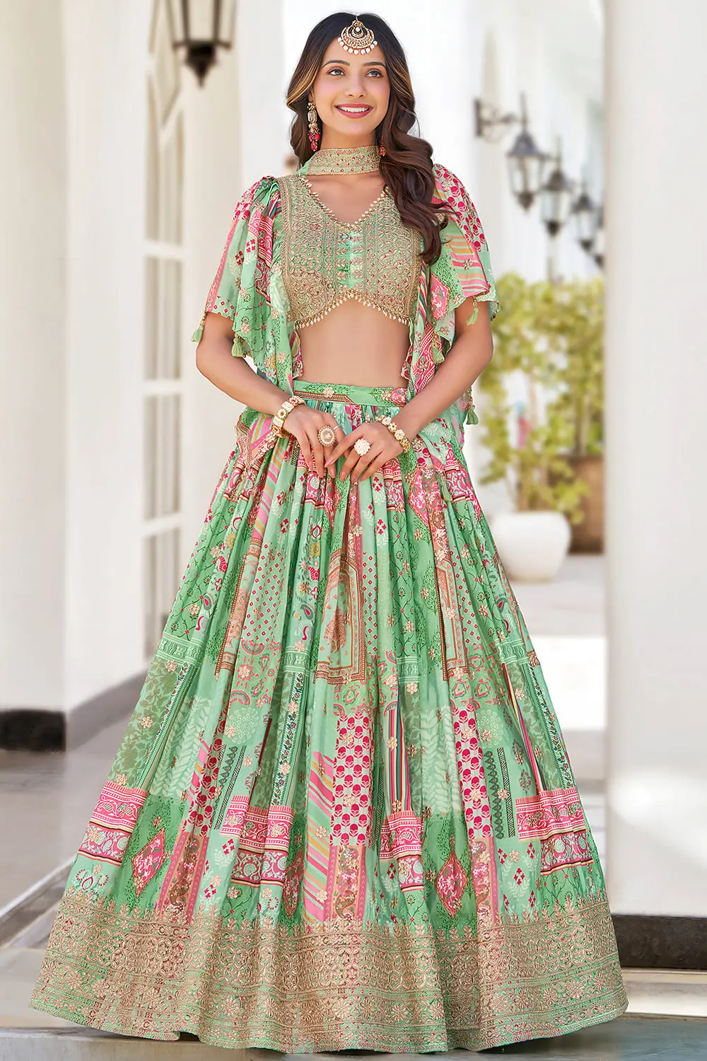 Green Chinon Silk Flared Lehenga with Zari Dori Embroidery, Digital Print and Chiffon Dupatta Green Chinon Silk Flared Lehenga with Zari Dori Embroidery, Digital Print and Chiffon Dupatta