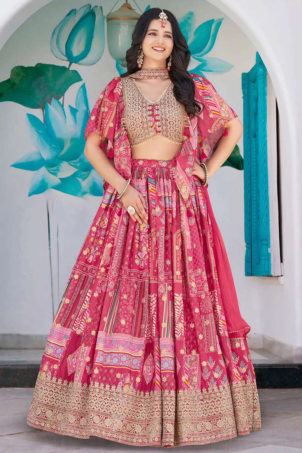 Pink chinon silk lehenga for sangeet with digital print and zari embroidery by Khaish