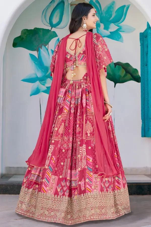 Pink lehenga from the back, flare fully visible