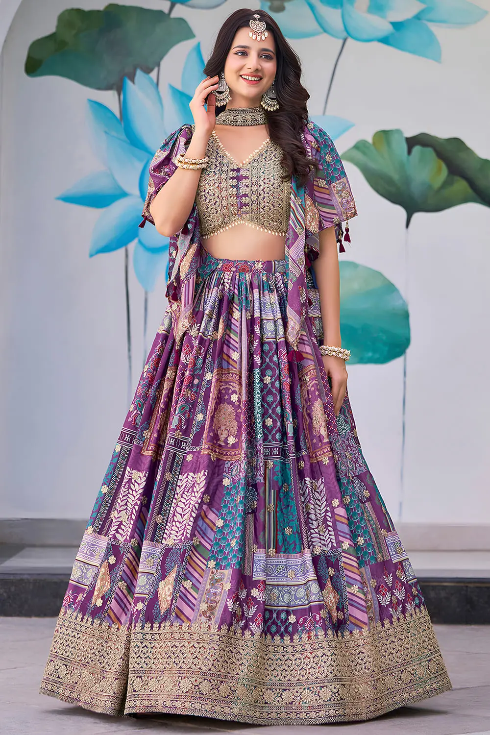 Purple Chinon Silk Wedding Lehenga — Zari Dori Embroidery, Digital Print, Chiffon Dupatta Purple Chinon Silk Wedding Lehenga — Zari Dori Embroidery, Digital Print, Chiffon Dupatta