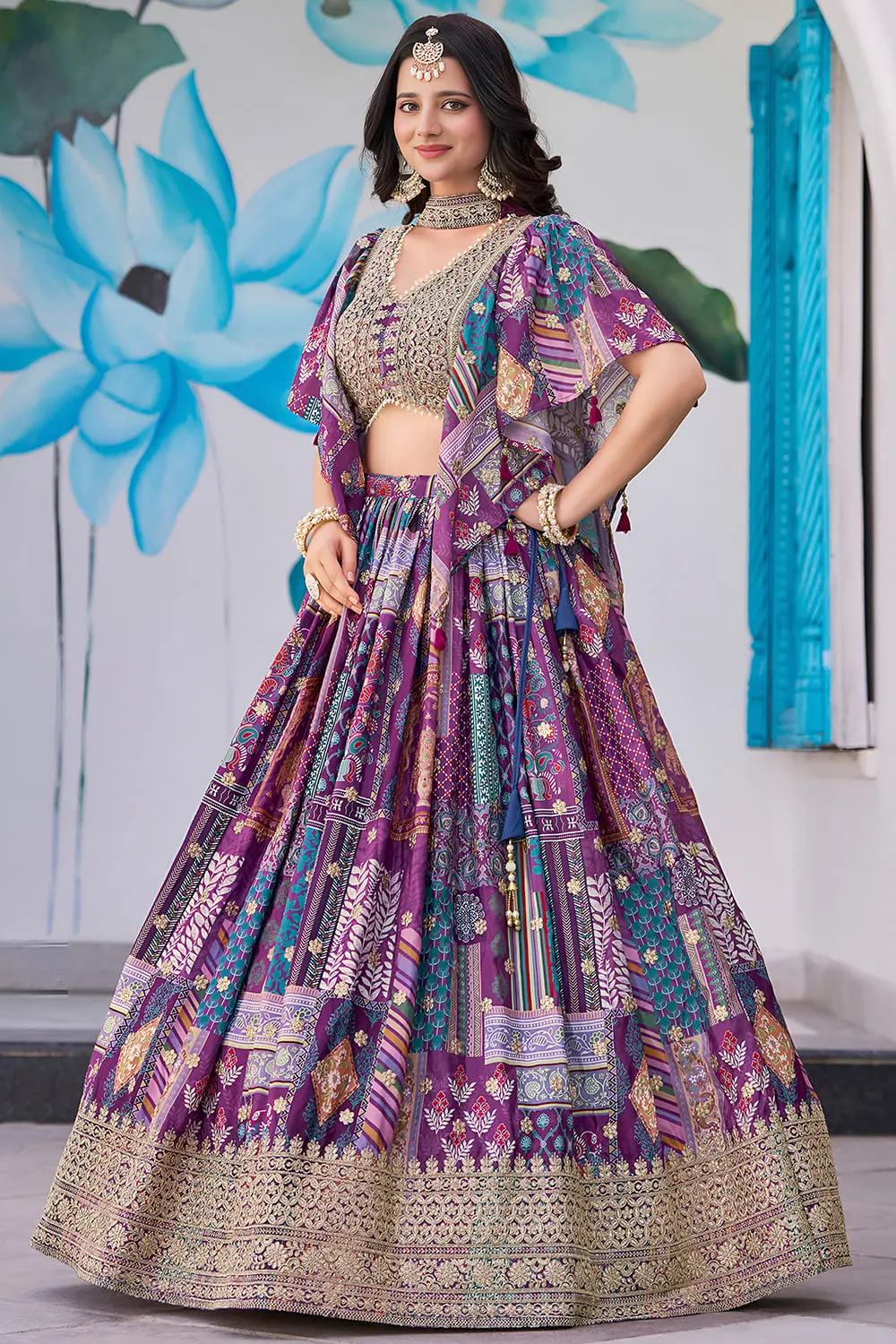 Purple lehenga in motion, side view, chiffon dupatta lifting with the step