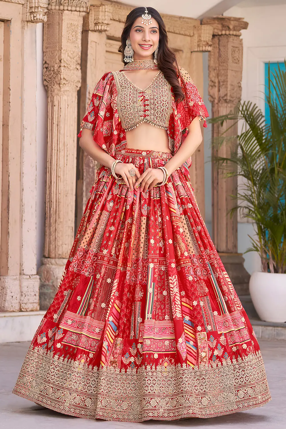 Red Chinon Silk Lehenga for Party Wear, Featuring Zari Dori Embroidery, Digital Print and a Chiffon Dupatta Red Chinon Silk Lehenga for Party Wear, Featuring Zari Dori Embroidery, Digital Print and a Chiffon Dupatta