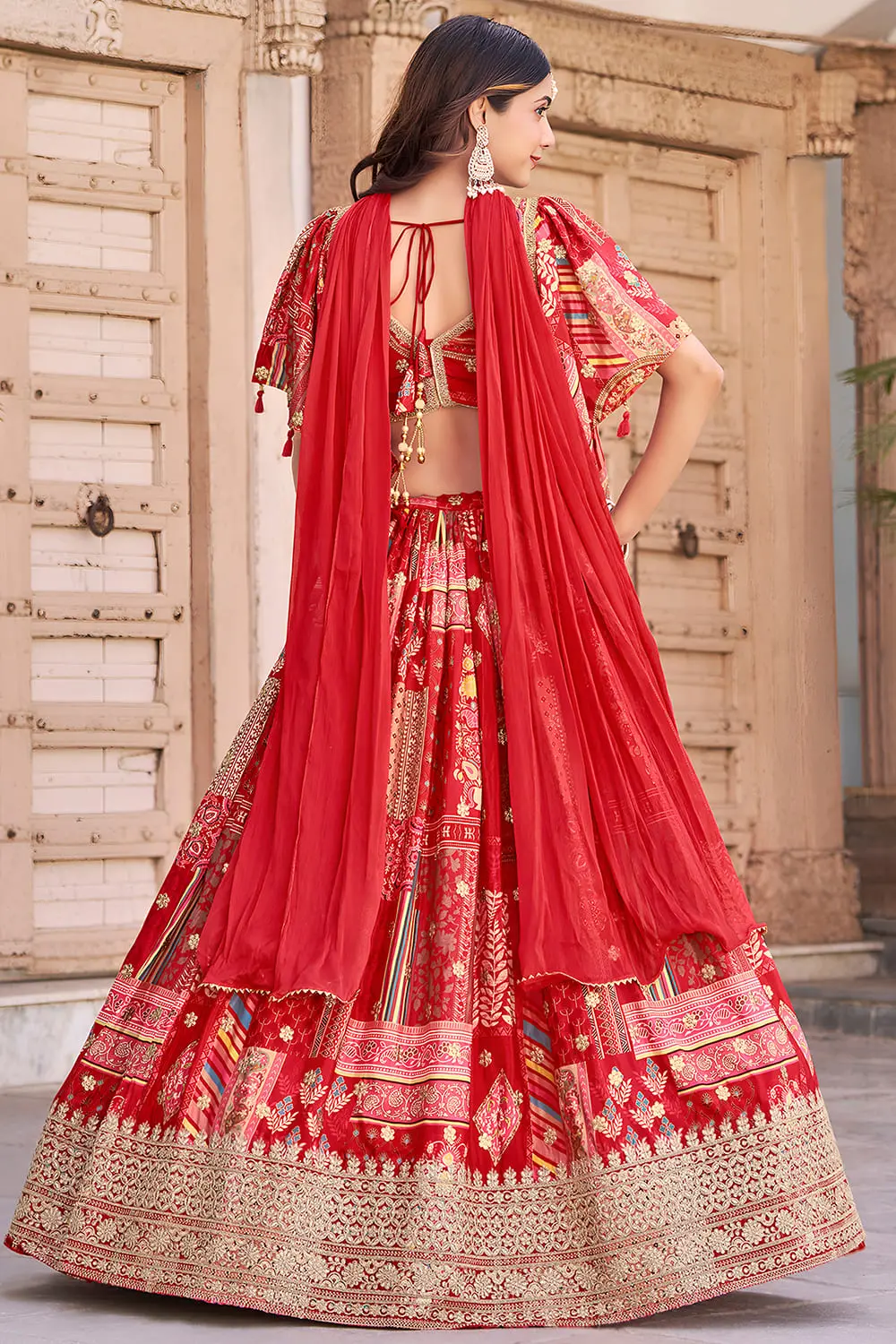 Red chinon silk lehenga from behind, flare in full sweep