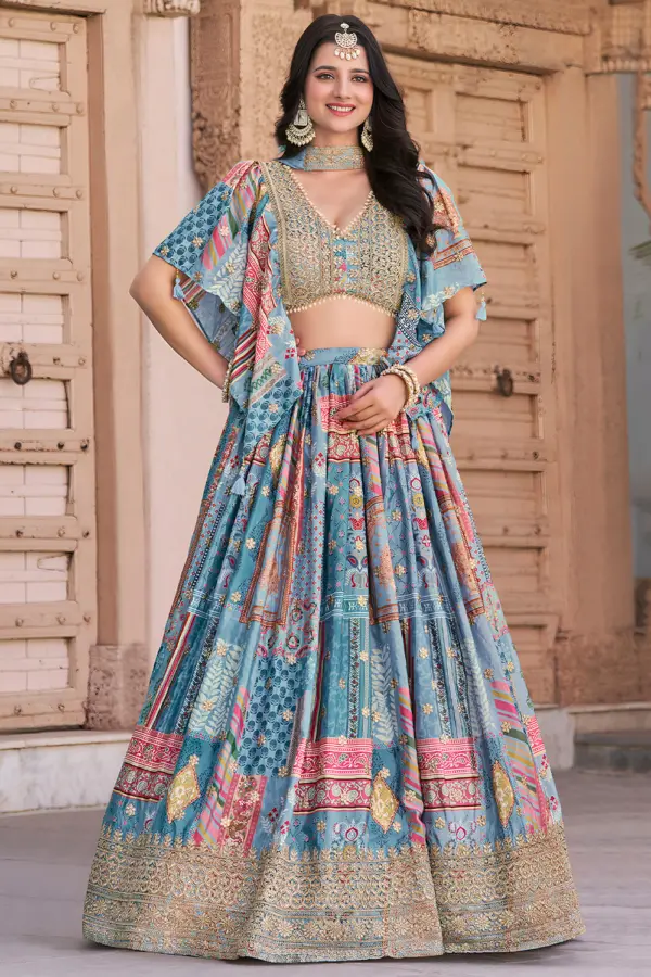 Sky blue chinon silk lehenga for mehndi with digital print and zari embroidery by Khaish