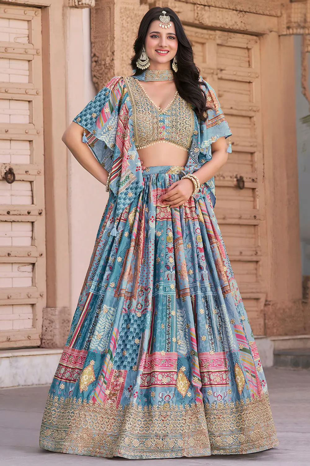 A Cooler Take on Mehndi Wear: Sky Blue Chinon Silk Lehenga with Zari Dori Embroidery, Digital Print and Chiffon Dupatta A Cooler Take on Mehndi Wear: Sky Blue Chinon Silk Lehenga with Zari Dori Embroidery, Digital Print and Chiffon Dupatta