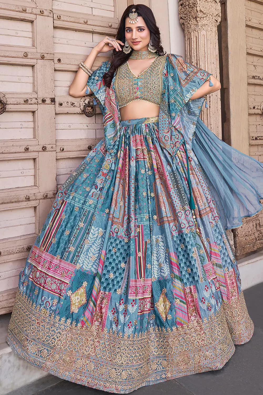 Sky blue chinon silk lehenga, front view, chiffon dupatta draped for a daytime function