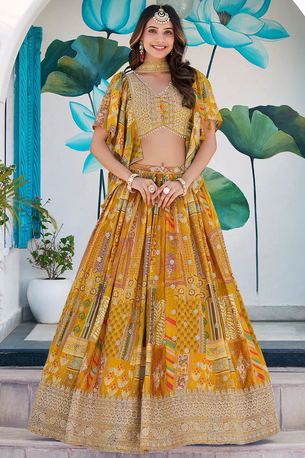 Yellow Chinon Silk Lehenga for Puja Days, with Zari Dori Embroidery, Digital Print and Chiffon Dupatta Yellow Chinon Silk Lehenga for Puja Days, with Zari Dori Embroidery, Digital Print and Chiffon Dupatta