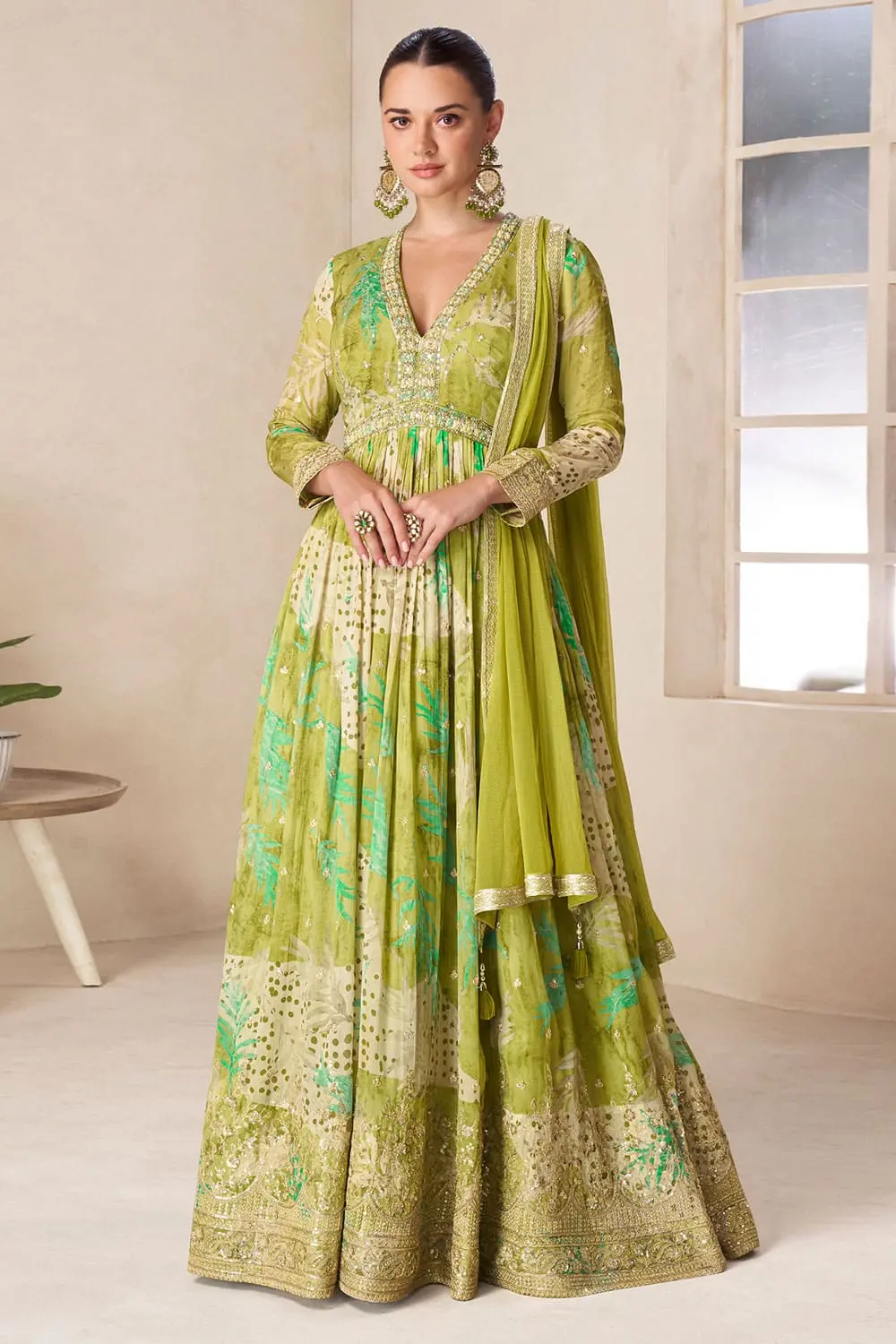 Pistachio Green Real Chinon Digital Anarkali Gown with Front and Back Embroidery and Chinon Dupatta Pistachio Green Real Chinon Digital Anarkali Gown with Front and Back Embroidery and Chinon Dupatta