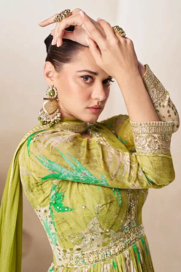 Close up of digital chinon print and embroidery work on pistachio green anarkali gown front