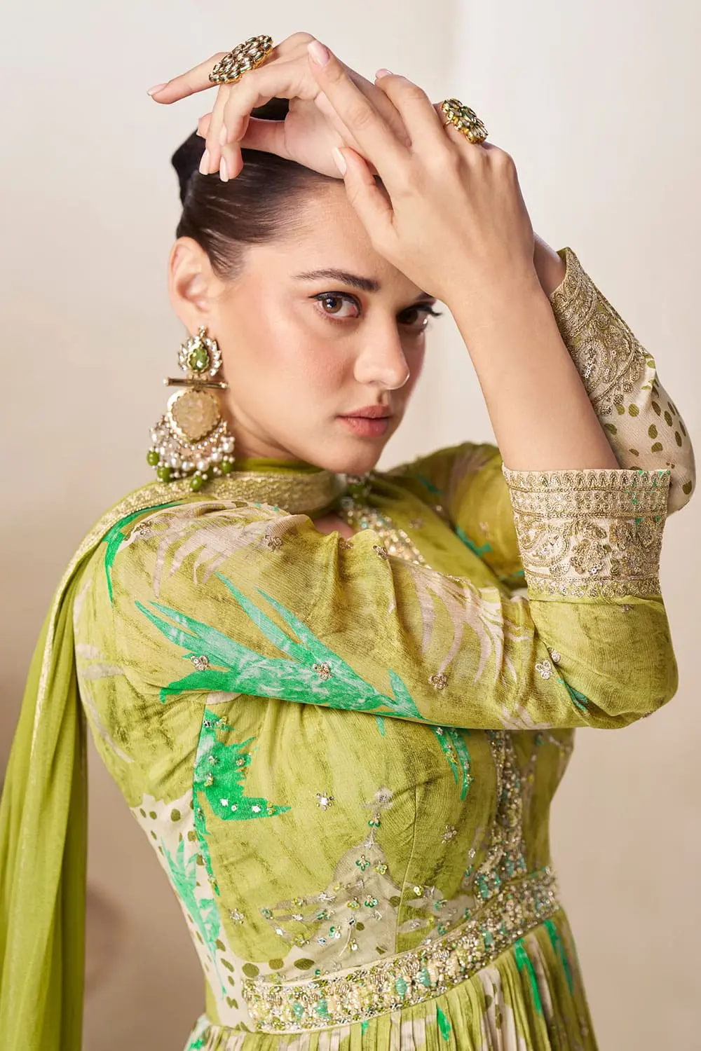 Close up of digital chinon print and embroidery work on pistachio green anarkali gown front