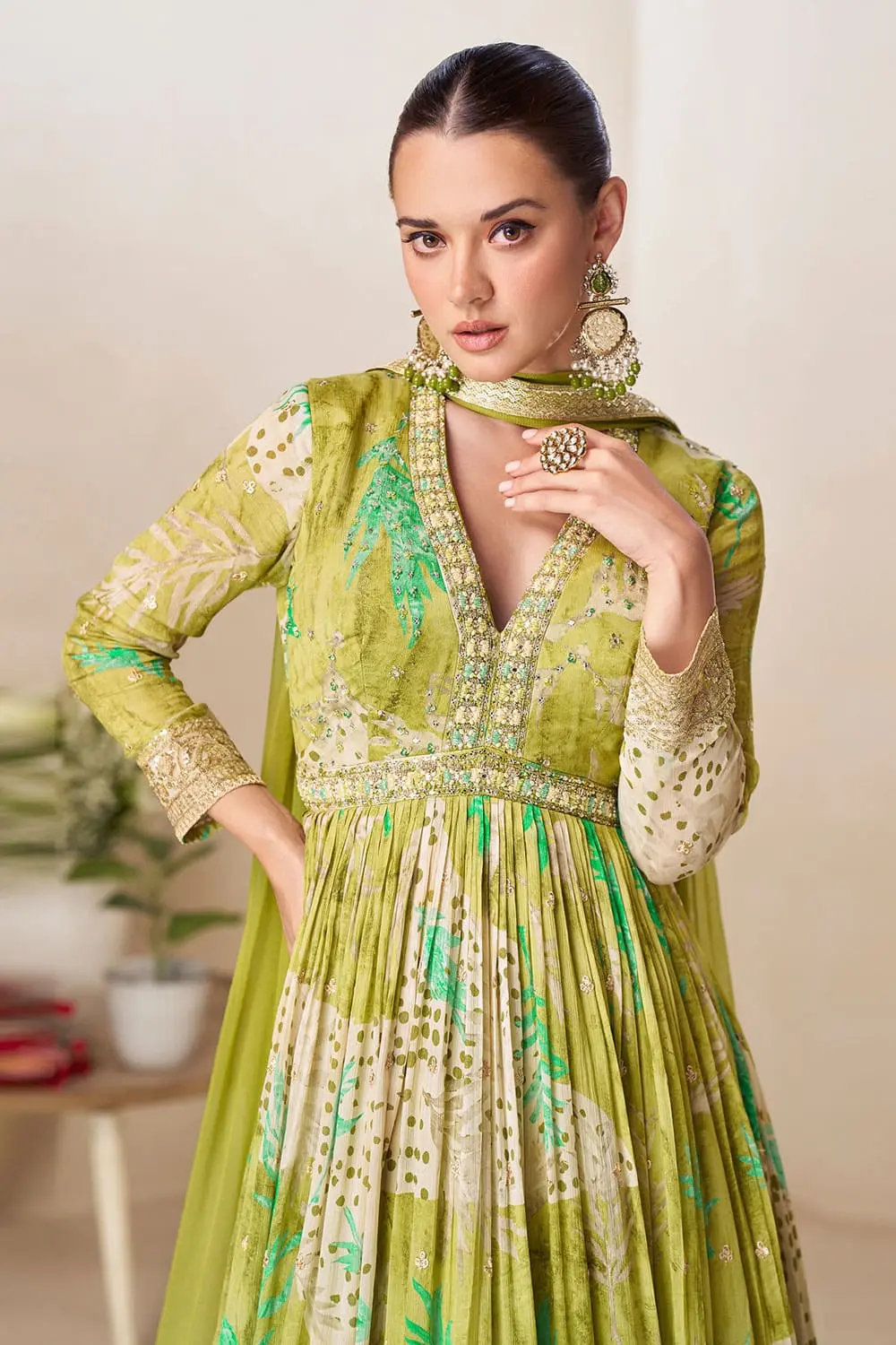 Close up of back embroidery detail on pistachio green real chinon anarkali gown