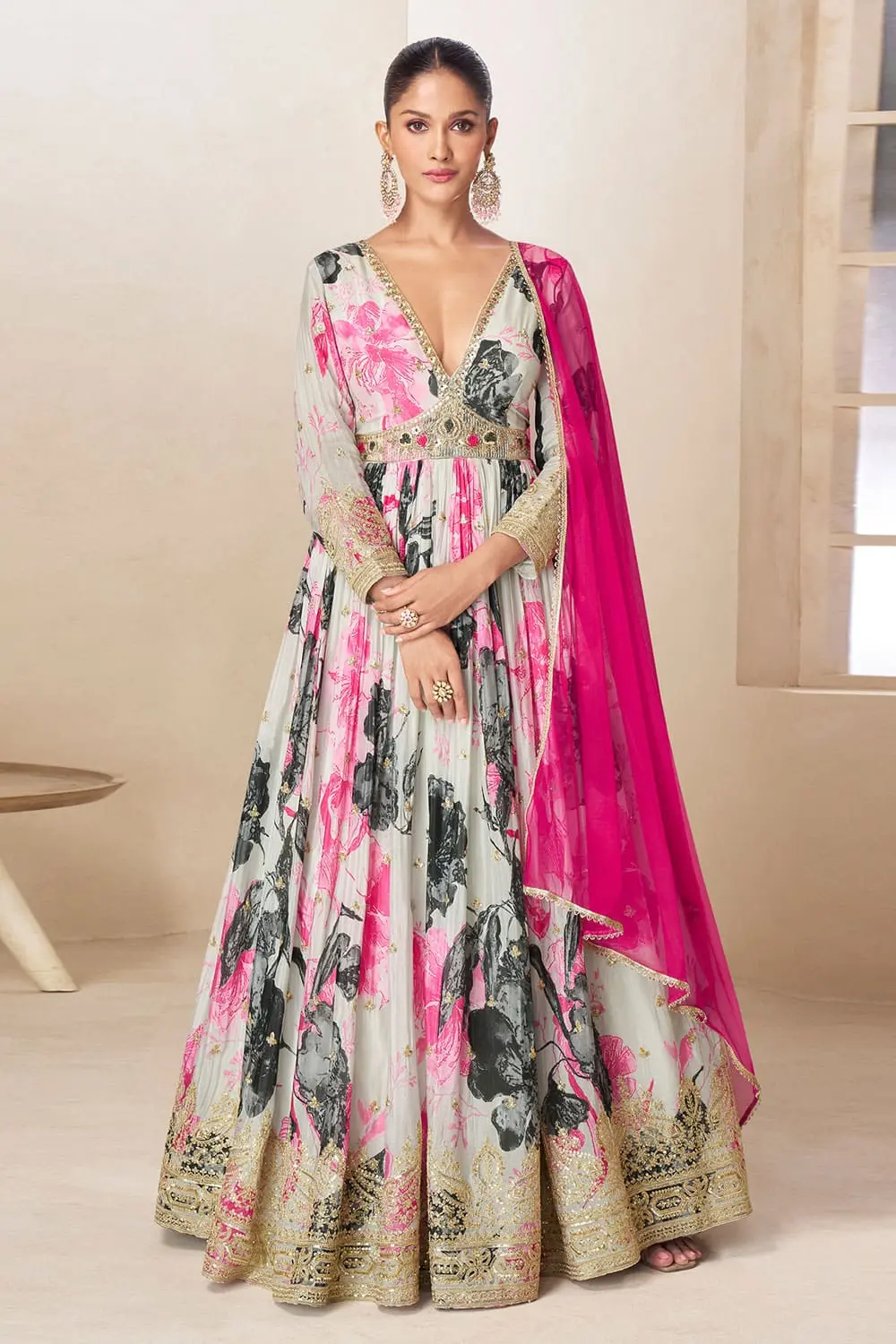 Second front view of ivory and pink floral real chinon digital anarkali gown with net dupatta