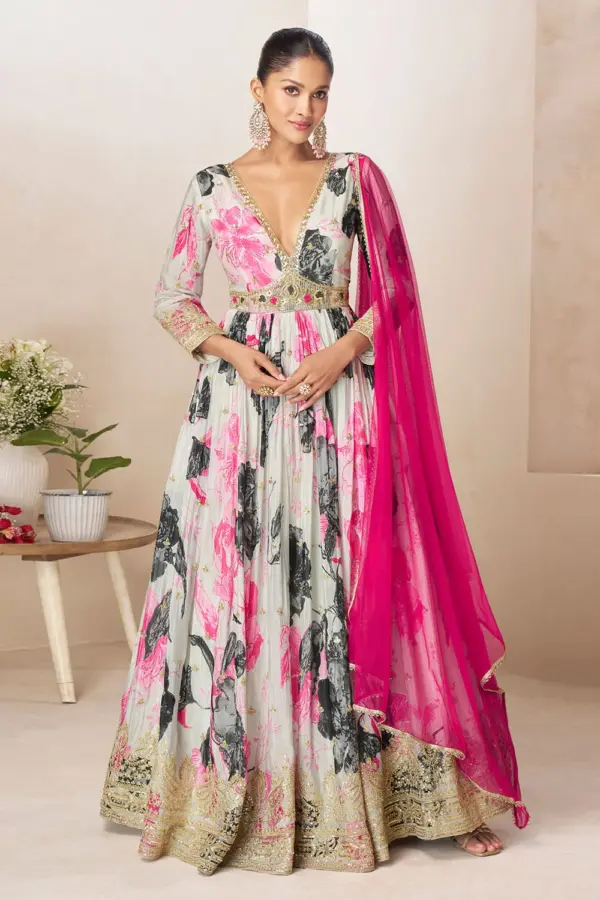 Ivory and pink floral chinon anarkali gown with front and back embroidery by Khaish