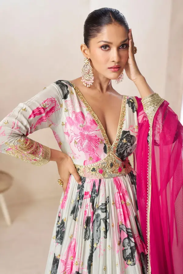Close up of back embroidery on ivory and pink floral chinon anarkali with net dupatta draped