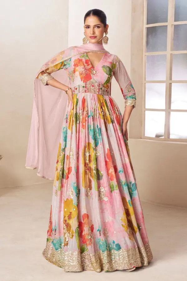 Pink multicolor chinon anarkali gown with front and back embroidery by Khaish