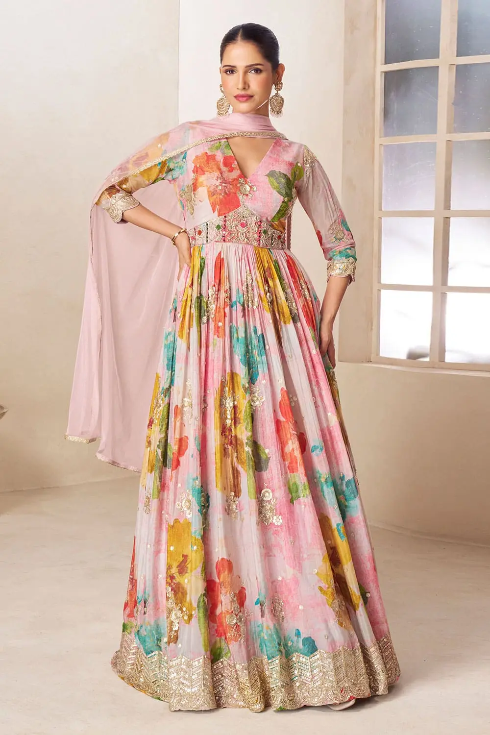 Pink multicolor chinon anarkali gown with front and back embroidery by Khaish