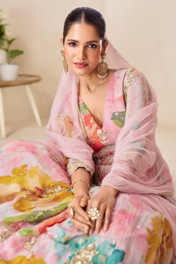 Close up of pink multicolor digital print and embroidery on chinon anarkali gown front