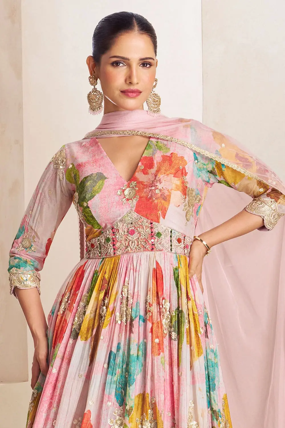 Close up of back embroidery detail on pink multicolor real chinon anarkali gown