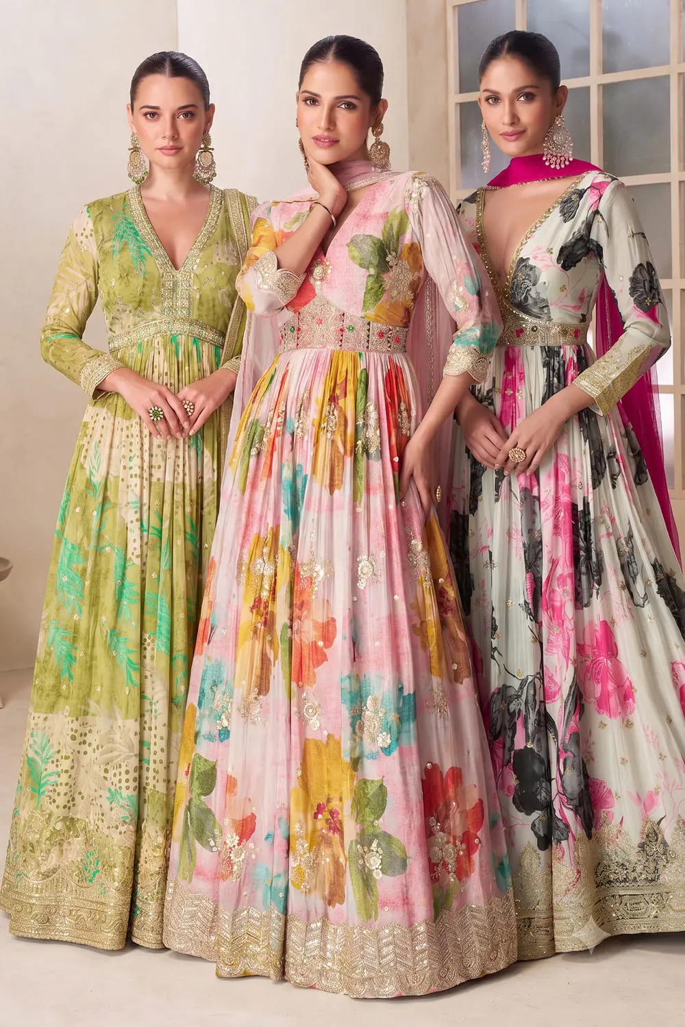 Pistachio green, ivory pink and pink multicolor floral chinon anarkali gown colour options
